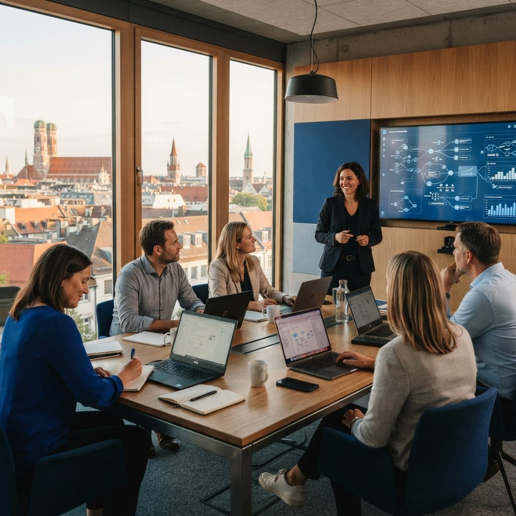 Trainer und Teilnehmer arbeiten gemeinsam mit KI-Tools in einem privaten Präsenzworkshop